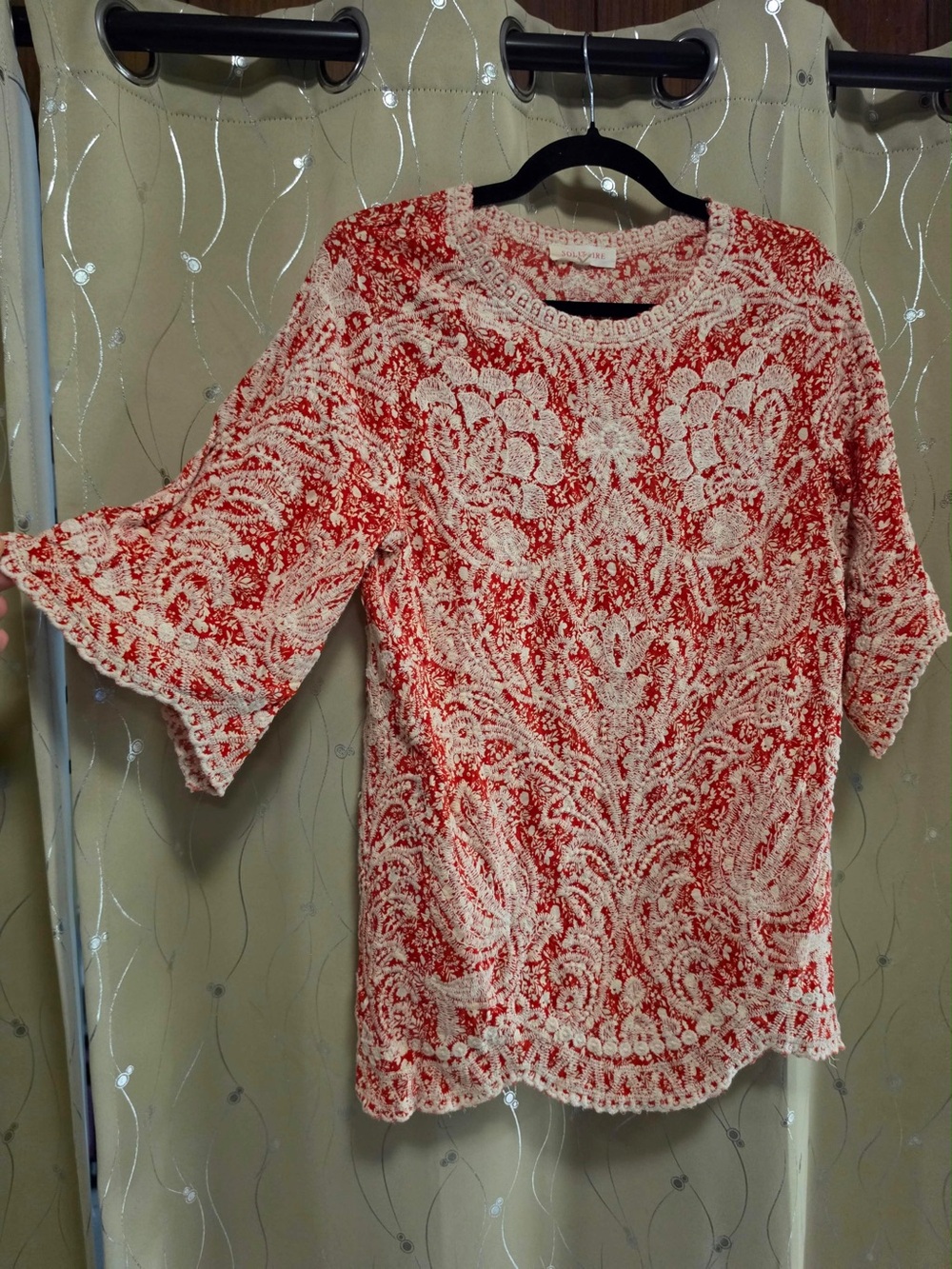 SOLITAIRE by Anthropologie Red & Cream Embroidered Top – Size M, Lg - Picture 3 of 5